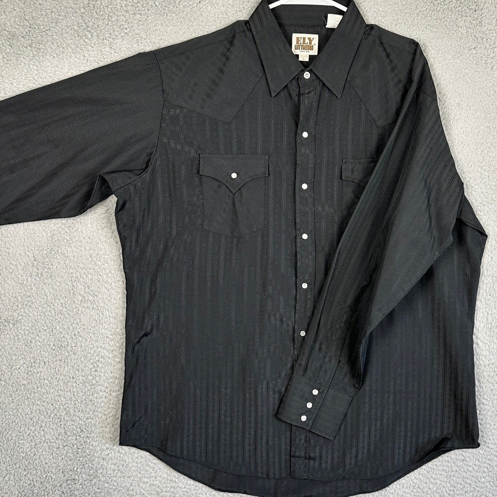 Ely Cattleman Shirt Men XL 17.5-35 Black Tonal Jacquard Western Pearl Snap Dress